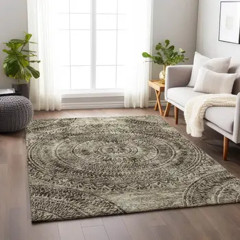 9' X 12' Brown And Ivory Medallion Washable Area Rug With UV Protection