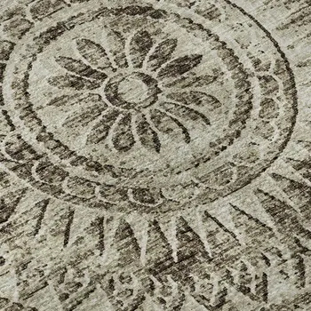 10' X 14' Brown And Ivory Medallion Washable Area Rug With UV Protection