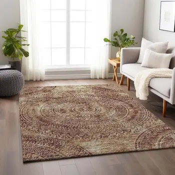 3' X 5' Burnt Sienna And Ivory Medallion Washable Area Rug With UV Protection
