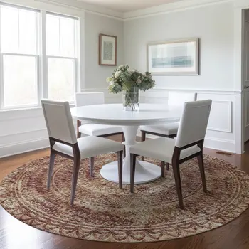 8' Burnt Sienna And Ivory Medallion Washable Round Rug With UV Protection