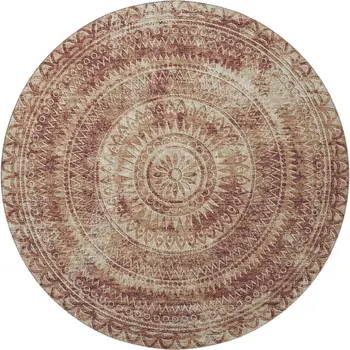 8' Burnt Sienna And Ivory Medallion Washable Round Rug With UV Protection
