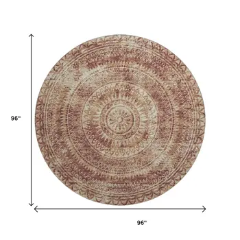 8' Burnt Sienna And Ivory Medallion Washable Round Rug With UV Protection