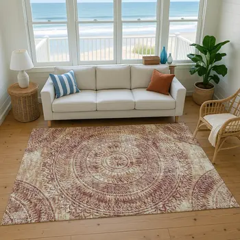 9' X 12' Burnt Sienna And Ivory Medallion Washable Area Rug With UV Protection