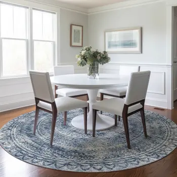 8' Blue And Ivory Medallion Washable Round Rug With UV Protection