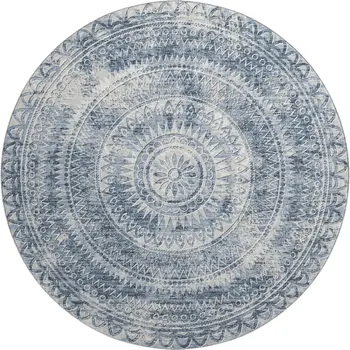 8' Blue And Ivory Medallion Washable Round Rug With UV Protection