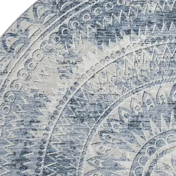 8' Blue And Ivory Medallion Washable Round Rug With UV Protection