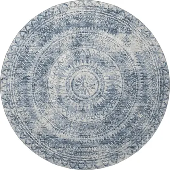 8' Blue And Ivory Medallion Washable Round Rug With UV Protection