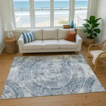 9' X 12' Blue And Ivory Medallion Washable Area Rug With UV Protection