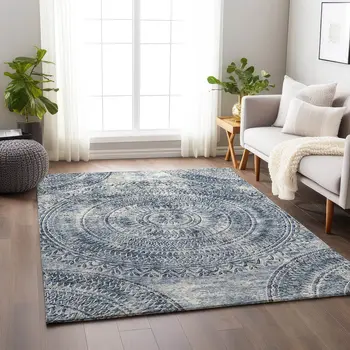 9' X 12' Blue And Ivory Medallion Washable Area Rug With UV Protection