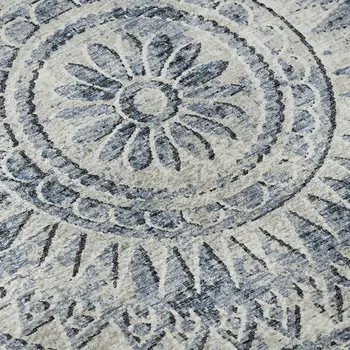 9' X 12' Blue And Ivory Medallion Washable Area Rug With UV Protection