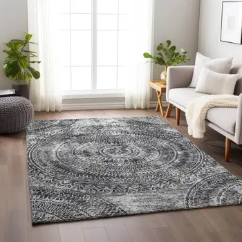 5' X 8' Gray And Ivory Medallion Washable Area Rug With UV Protection