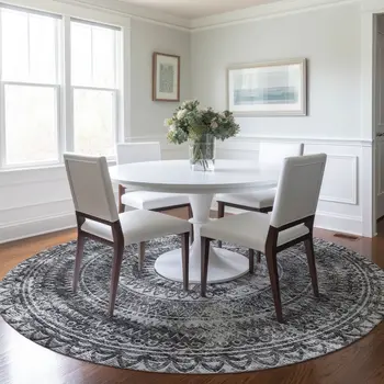 8' Gray And Ivory Medallion Washable Round Rug With UV Protection
