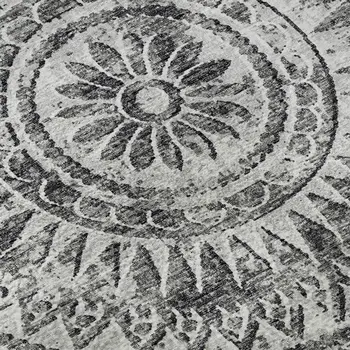 8' Gray And Ivory Medallion Washable Round Rug With UV Protection