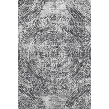 9' X 12' Gray And Ivory Medallion Washable Area Rug With UV Protection