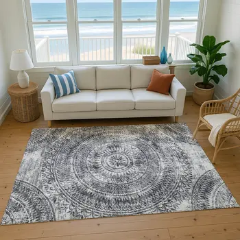 10' X 14' Gray And Ivory Medallion Washable Area Rug With UV Protection