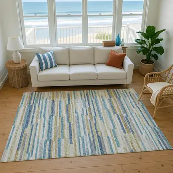 3' X 5' Blue Ivory And Gold Abstract Washable Area Rug With UV Protection