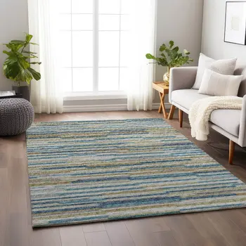 3' X 5' Blue Ivory And Gold Abstract Washable Area Rug With UV Protection