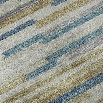 3' X 5' Blue Ivory And Gold Abstract Washable Area Rug With UV Protection