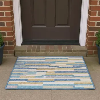 3' X 5' Blue Ivory And Gold Abstract Washable Area Rug With UV Protection