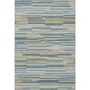 5' X 8' Blue Ivory And Gold Abstract Washable Area Rug With UV Protection