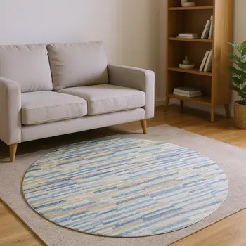 8' Blue Ivory And Gold Abstract Washable Round Rug With UV Protection