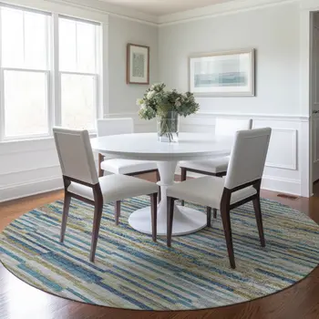 8' Blue Ivory And Gold Abstract Washable Round Rug With UV Protection