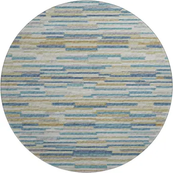 8' Blue Ivory And Gold Abstract Washable Round Rug With UV Protection