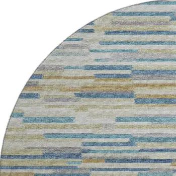 8' Blue Ivory And Gold Abstract Washable Round Rug With UV Protection