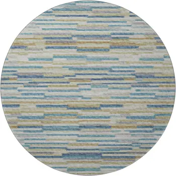 8' Blue Ivory And Gold Abstract Washable Round Rug With UV Protection