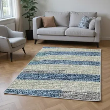 8' X 10' Blue Ivory And Gold Abstract Washable Area Rug With UV Protection