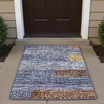 3' X 5' Blue Gold And Brown Abstract Washable Area Rug With UV Protection
