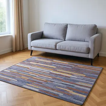 5' X 8' Blue Gold And Brown Abstract Washable Area Rug With UV Protection