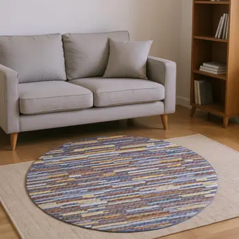 8' Blue Gold And Brown Abstract Washable Round Rug With UV Protection