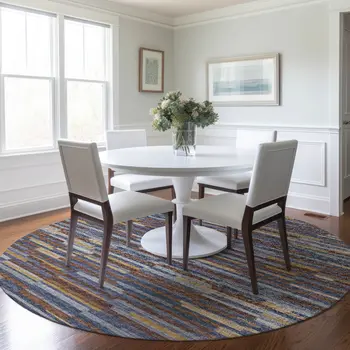 8' Blue Gold And Brown Abstract Washable Round Rug With UV Protection