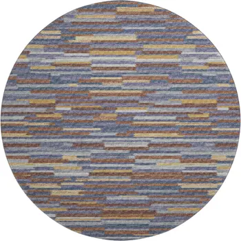 8' Blue Gold And Brown Abstract Washable Round Rug With UV Protection