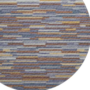 8' Blue Gold And Brown Abstract Washable Round Rug With UV Protection