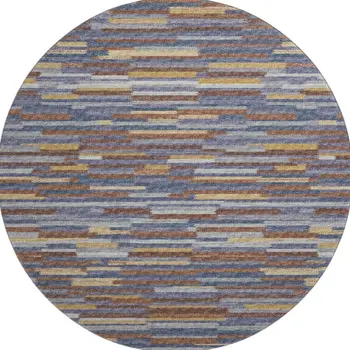 8' Blue Gold And Brown Abstract Washable Round Rug With UV Protection