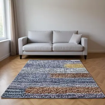 8' X 10' Blue Gold And Brown Abstract Washable Area Rug With UV Protection