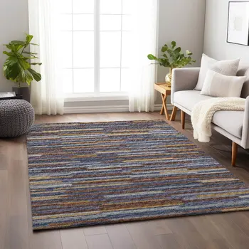 8' X 10' Blue Gold And Brown Abstract Washable Area Rug With UV Protection