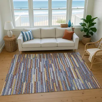 9' X 12' Blue Gold And Brown Abstract Washable Area Rug With UV Protection