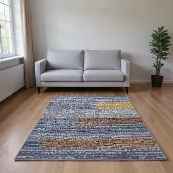 9' X 12' Blue Gold And Brown Abstract Washable Area Rug With UV Protection