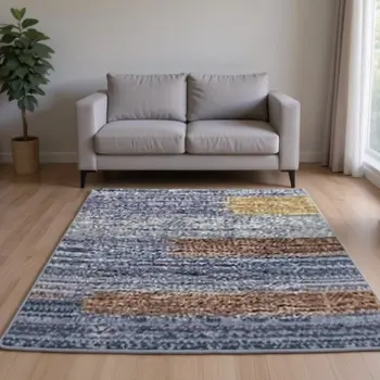 10' X 14' Blue Gold And Brown Abstract Washable Area Rug With UV Protection