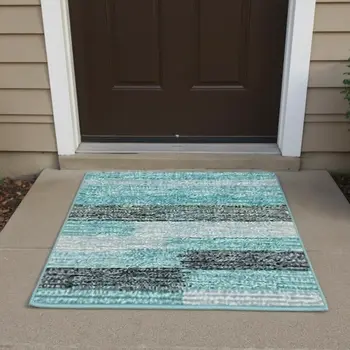 3' X 5' Turquoise Teal Blue And Gray Abstract Washable Area Rug With UV Protection