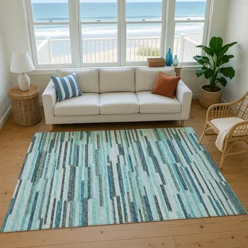 5' X 8' Turquoise Teal Blue And Gray Abstract Washable Area Rug With UV Protection