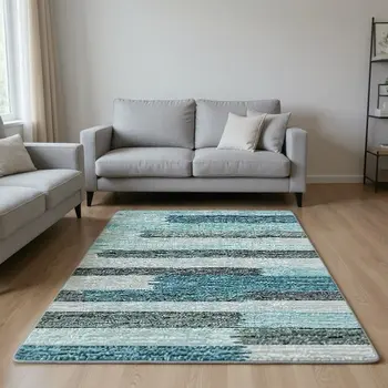 5' X 8' Turquoise Teal Blue And Gray Abstract Washable Area Rug With UV Protection