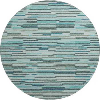 8' Turquoise Teal Blue And Gray Abstract Washable Round Rug With UV Protection