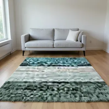 9' X 12' Turquoise Teal Blue And Gray Abstract Washable Area Rug With UV Protection