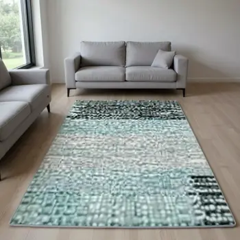 10' X 14' Turquoise Teal Blue And Gray Abstract Washable Area Rug With UV Protection