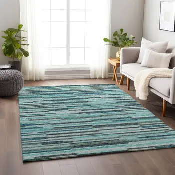 10' X 14' Turquoise Teal Blue And Gray Abstract Washable Area Rug With UV Protection