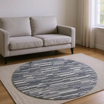 8' Gray Charcoal And Ivory Abstract Washable Round Rug With UV Protection